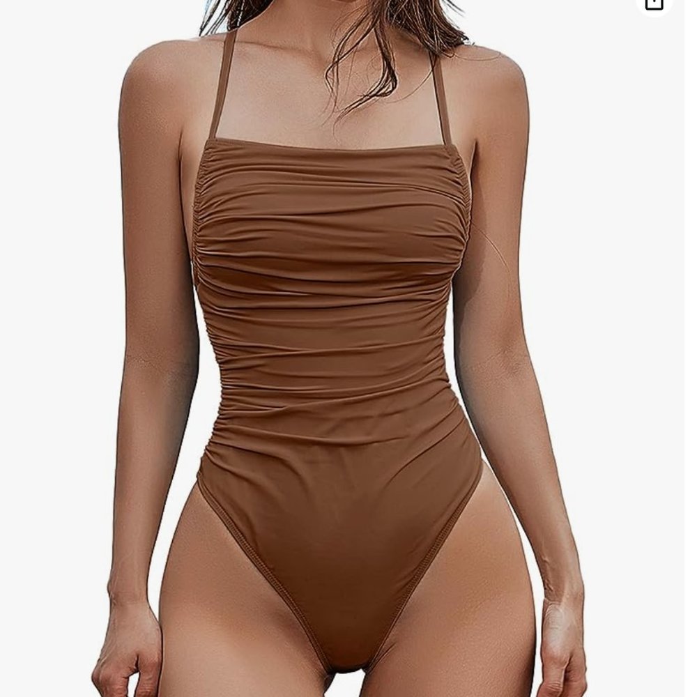 Womens Brown Ruched Front Lace Up Back One Piece Swimsuit